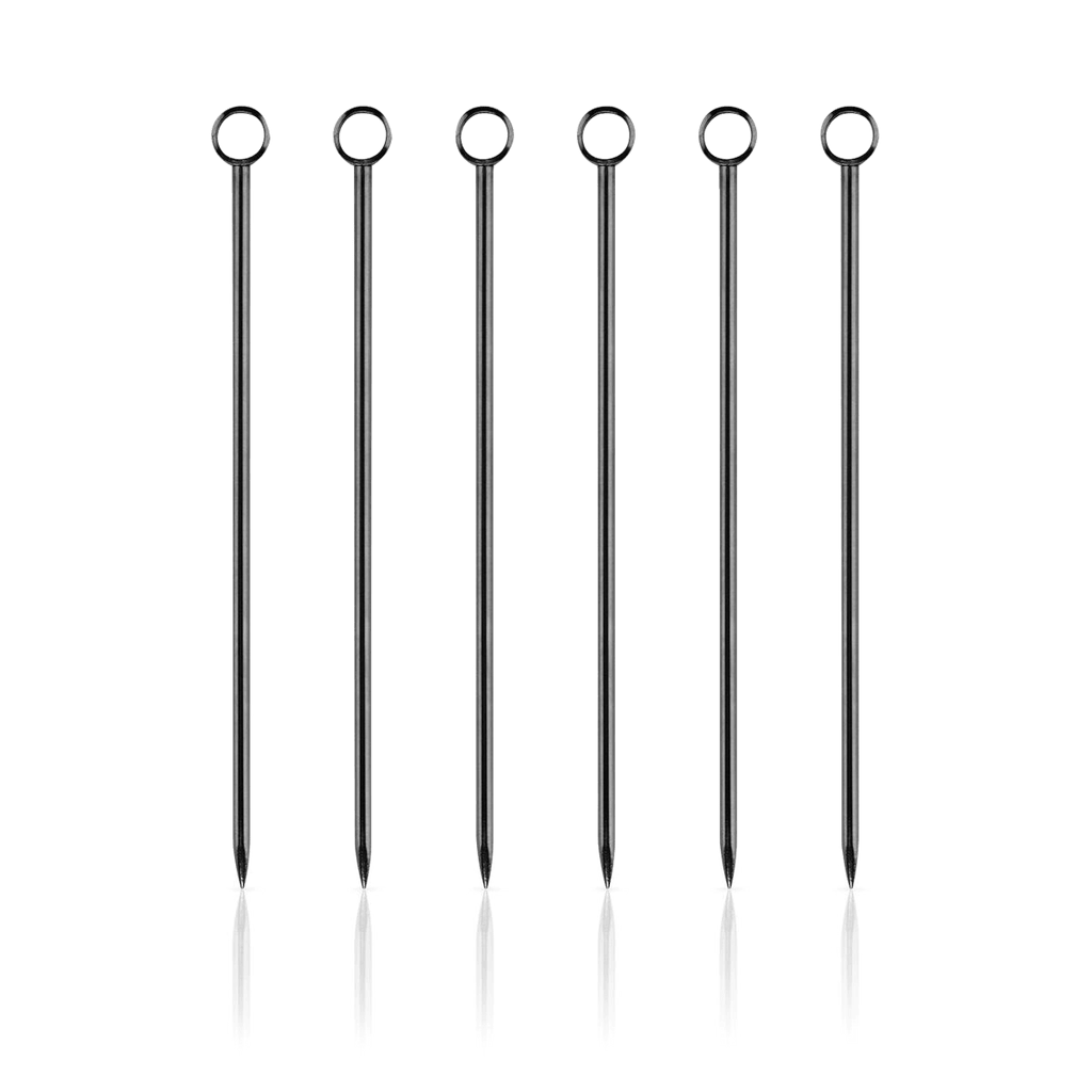 A set of Viski Belmont Cocktail Picks showcased on a blue background.