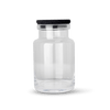 A GLASS CONTAINER with a black lid by LOUISE ROE.