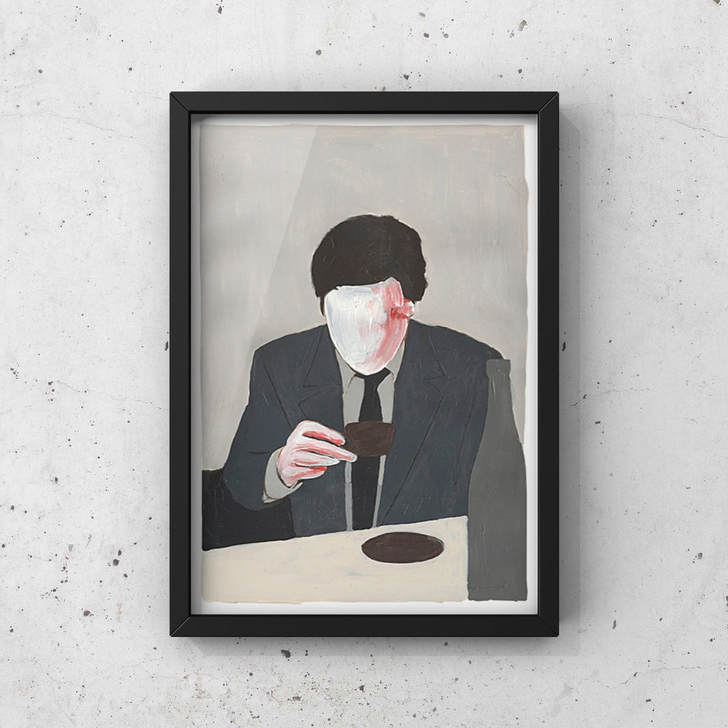 A framed print of TAKING A BREAK SERIES "AFTER DINNER" by CAN FAMILY, featuring a man in a suit sitting at a Gestalt Haus table.
