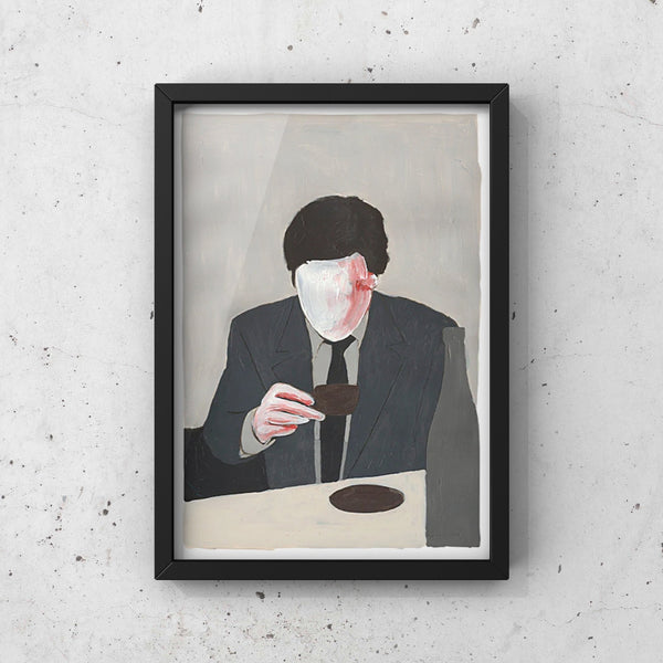 A framed print of TAKING A BREAK SERIES "AFTER DINNER" by CAN FAMILY, featuring a man in a suit sitting at a Gestalt Haus table.